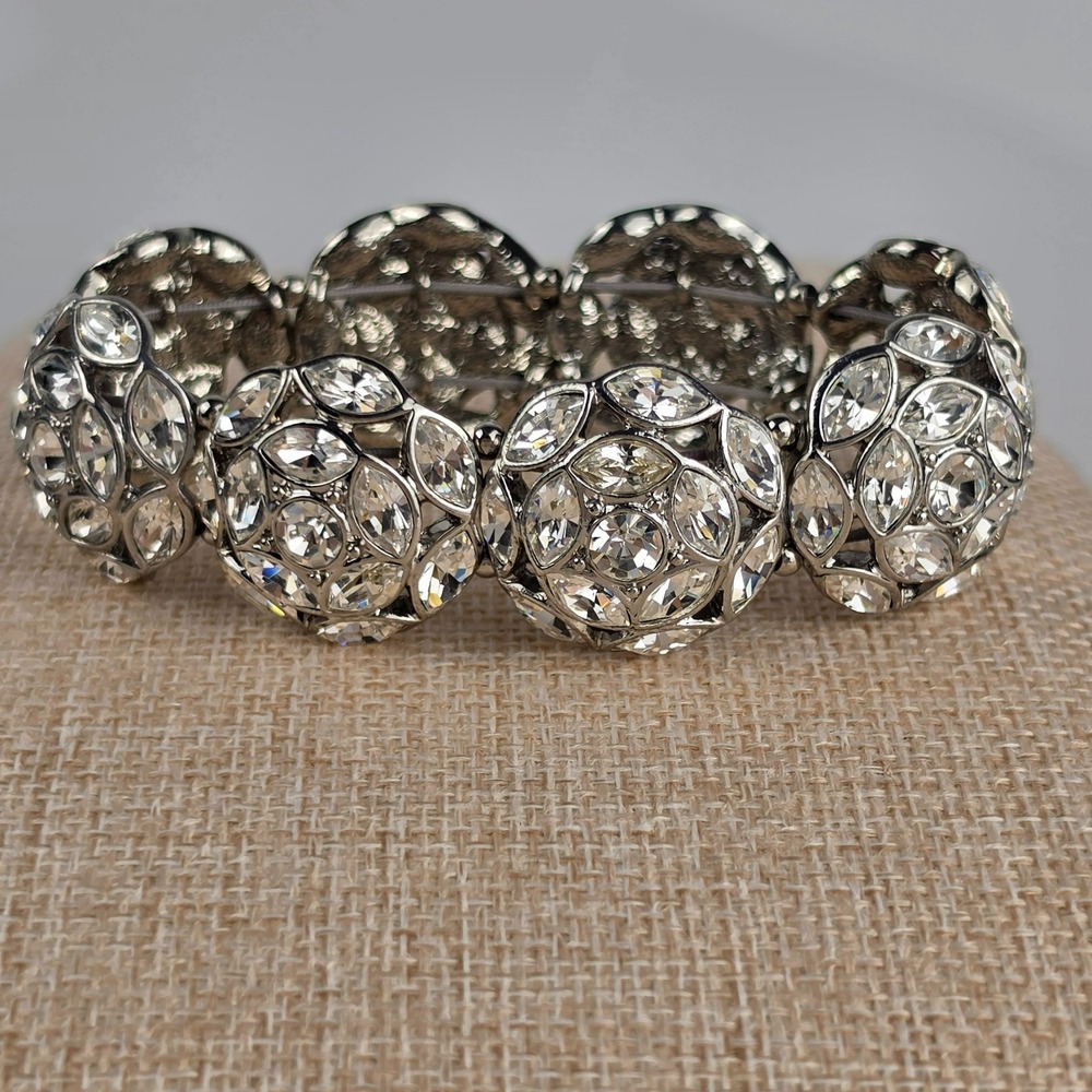 Silver Tone Rhinestone Cluster Stretch Bracelet‎ Domed Statement - Picture 5 of 7